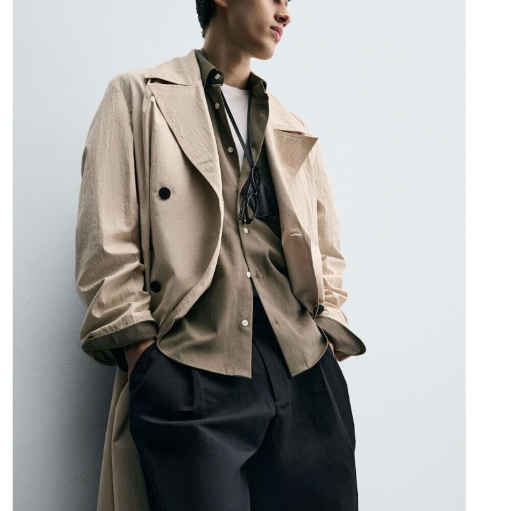 Zara Men's Oversized Fit Trench Coat Crinkle Tan Lightweight NWT S-M Size - Picture 7 of 14